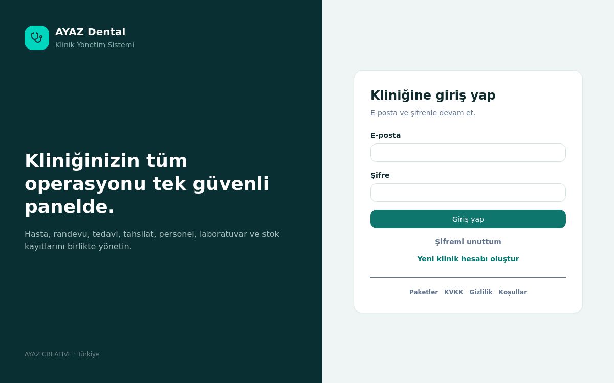 AYAZ Dental proje ekranı