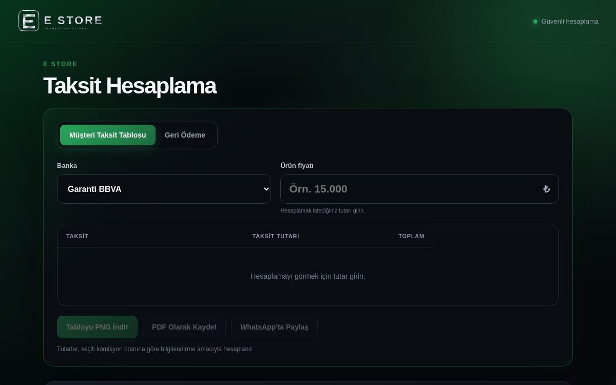 E Store Taksit banka seçimi ve taksit hesaplama uygulaması ekranı